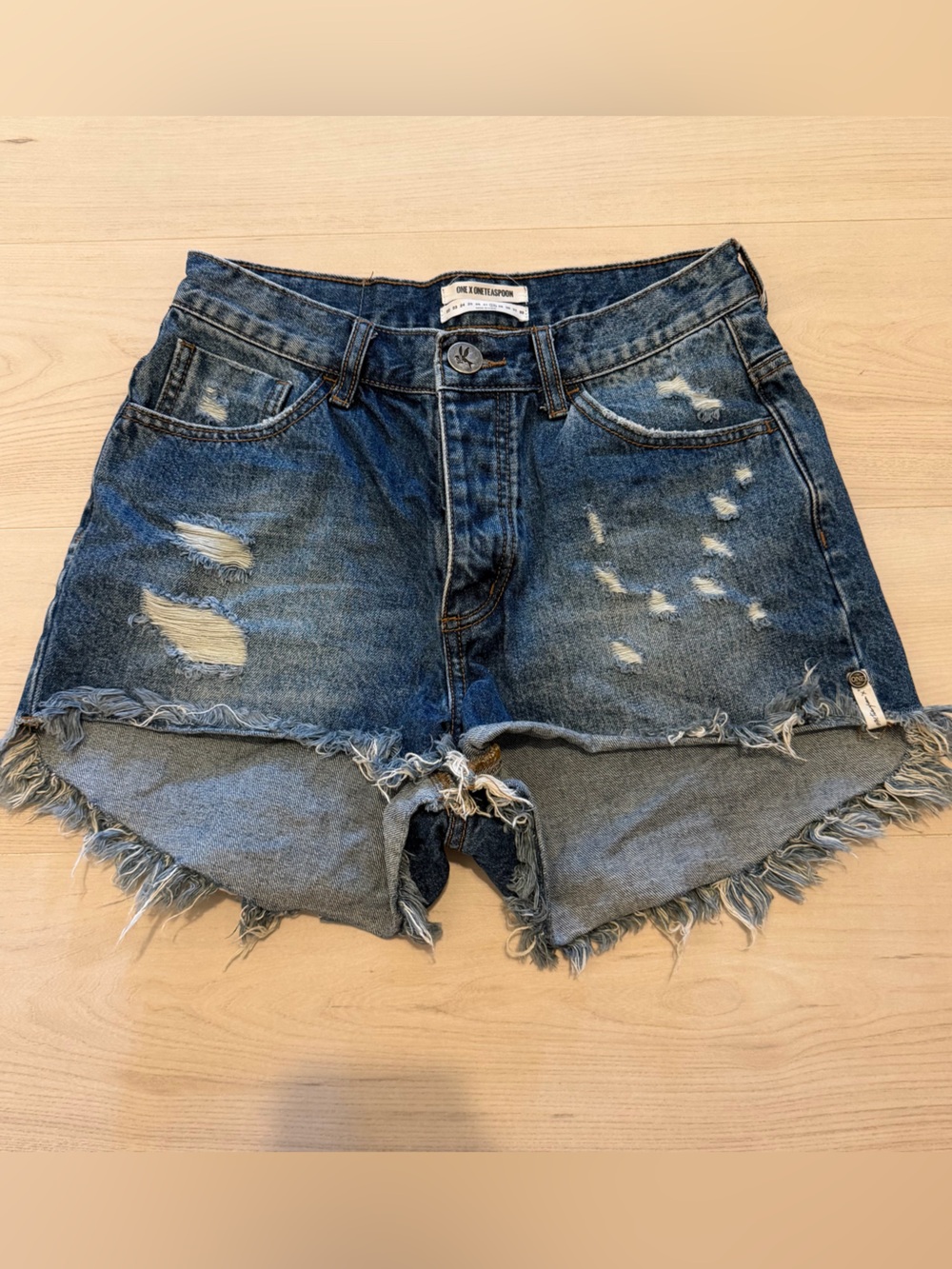 One Teaspoon Blue Distressed High-Low Denim Shorts